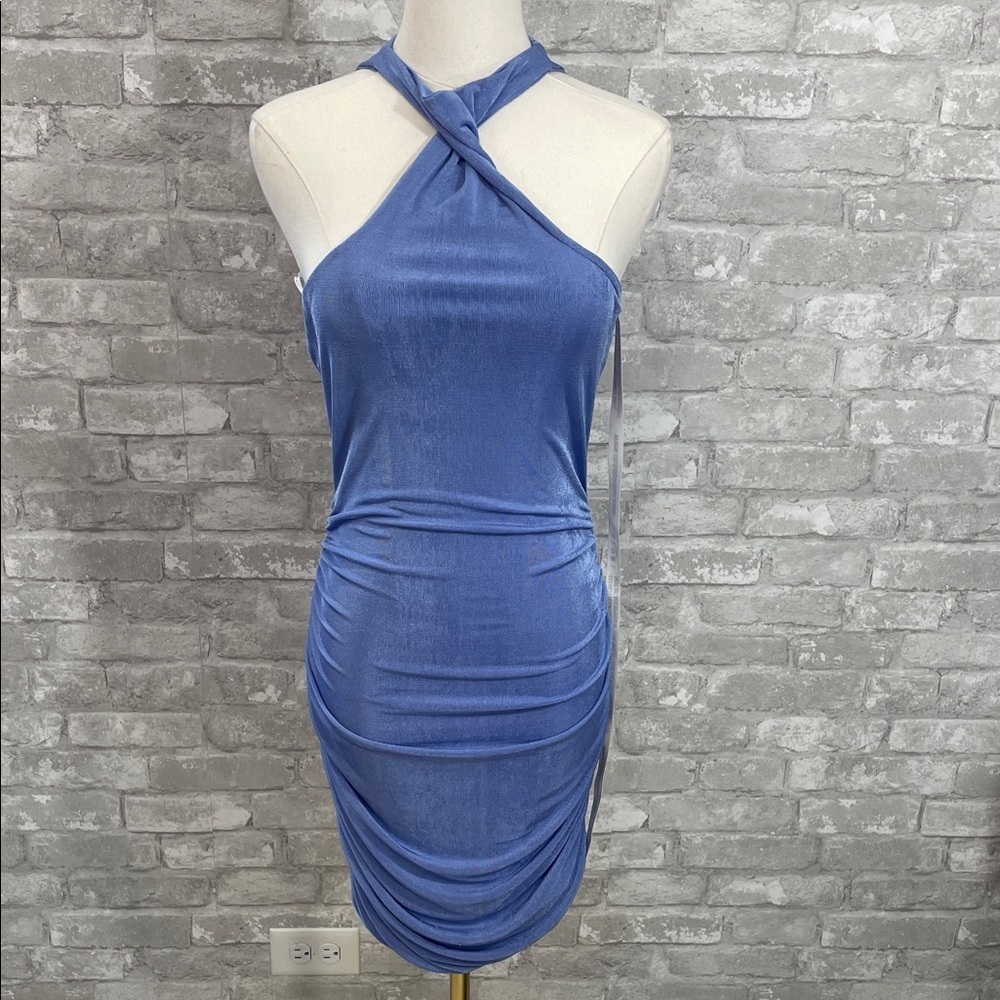 Club L London Ruched Blue Twist Front  Halter Neck Mini Dress